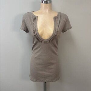 Nevada Shirt Medium Brown Cotton Blend Jersey Knit Scoop Neck Beaded Baby Tee